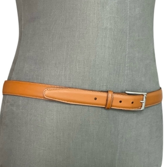 Mens Belt LAND’S END Belt Mid Brown Leather Silver Square Buckle Dress Belt - Picture 4 of 7